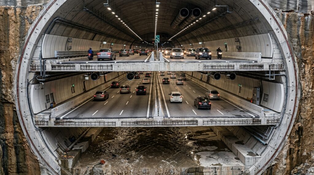 Corte do SMART Tunnel mostra dois níveis de pistas para carros sobre o compartimento inferior destinado à drenagem.