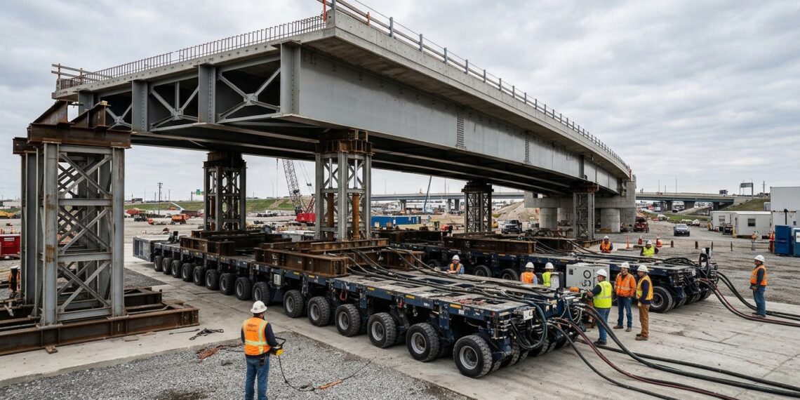 Carretas modulares com dezenas de eixos transportam uma ponte de 3.500 toneladas até seus pilares.
