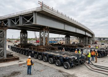 Carretas modulares com dezenas de eixos transportam uma ponte de 3.500 toneladas até seus pilares.