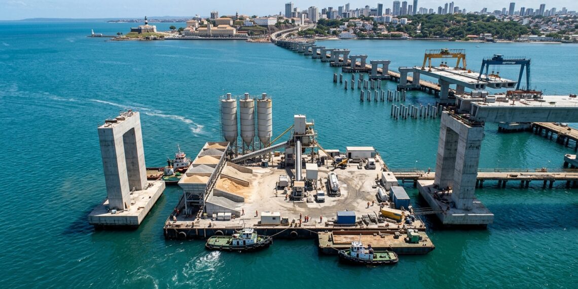 Central de concreto instalada no mar entre pilares da Ponte Salvador–Itaparica.