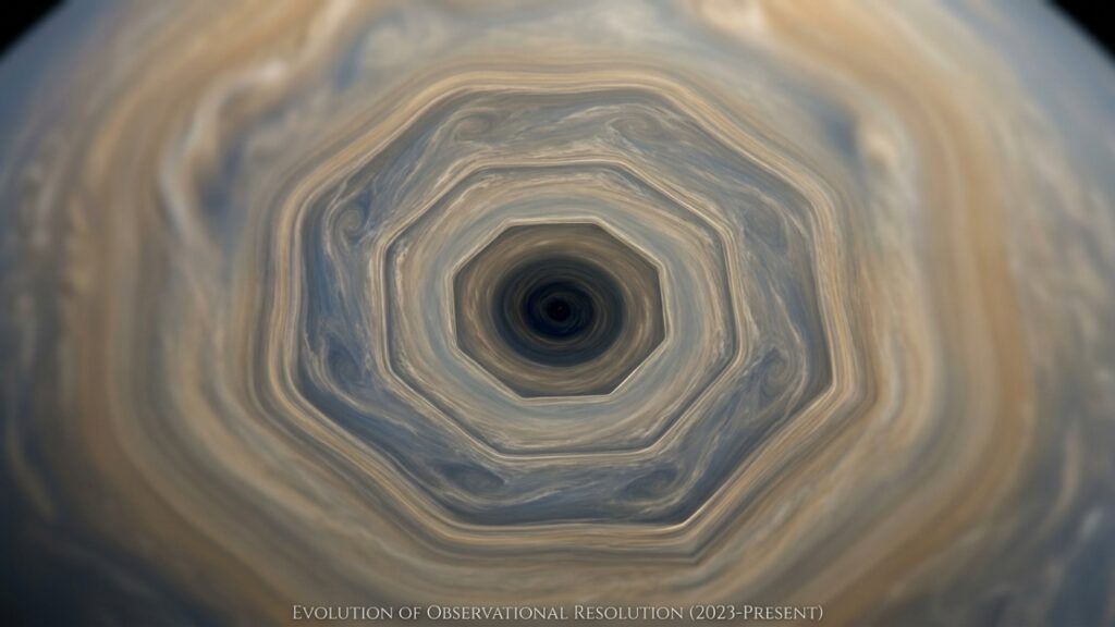 O decágono no polo sul de Saturno observado pelo Hubble