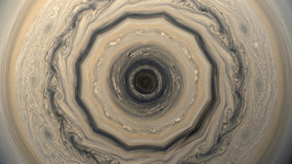 Saturn_south_pole_decagonal_wave_20260914190141-1024x576 Hubble encontrou uma onda de 10 lados envolvendo o polo sul de Saturno, enquanto o famoso hexágono do outro polo permanece lá há mais de 40 anos