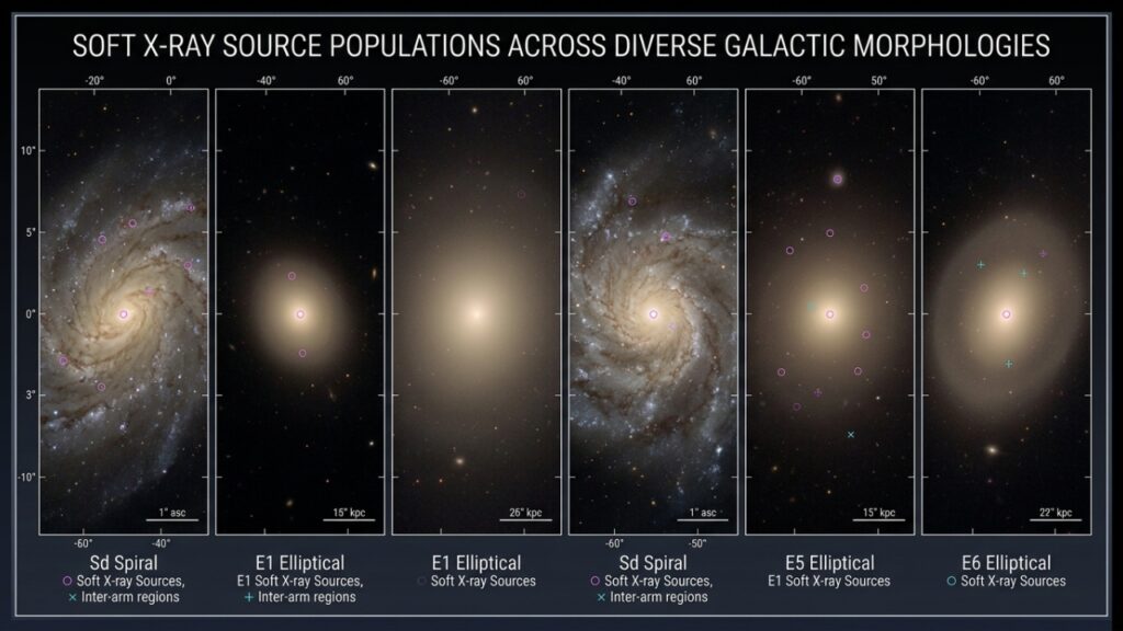 Scientific_visualization_of_host%E2%80%A6_20260912223649-1024x576 NASA encontrou 84 objetos espalhados por 6 galáxias que não se encaixam em nenhuma classe conhecida: eles quase desaparecem em raios X, mas brilham intensamente no ultravioleta