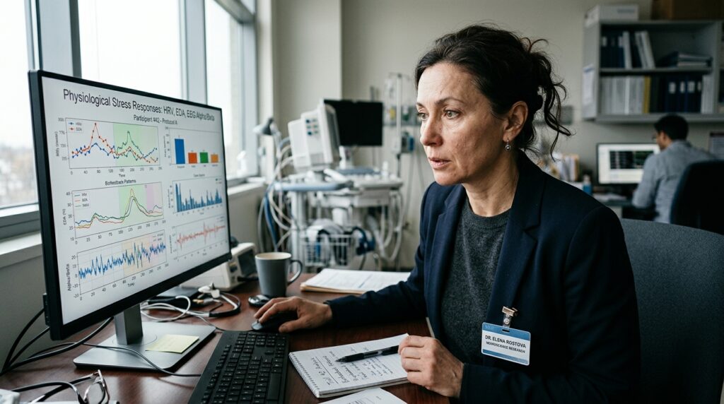 Especialista em neurociência analisando gráficos de resposta fisiológica ao estresse agudo em monitor de laboratório