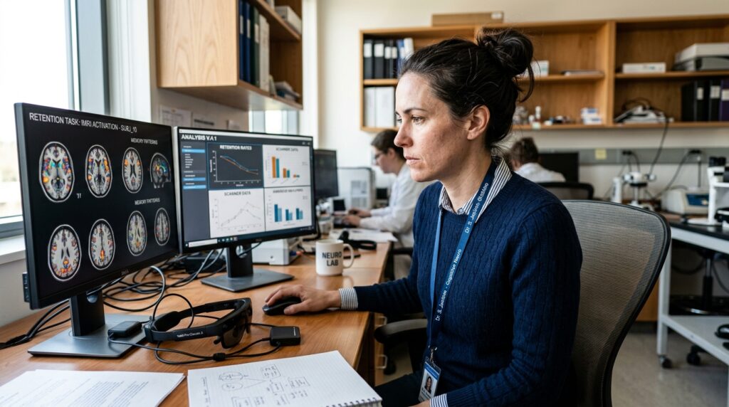 Pesquisadora analisando mapeamentos de atividade cerebral em estação de trabalho de laboratório neurocientífico