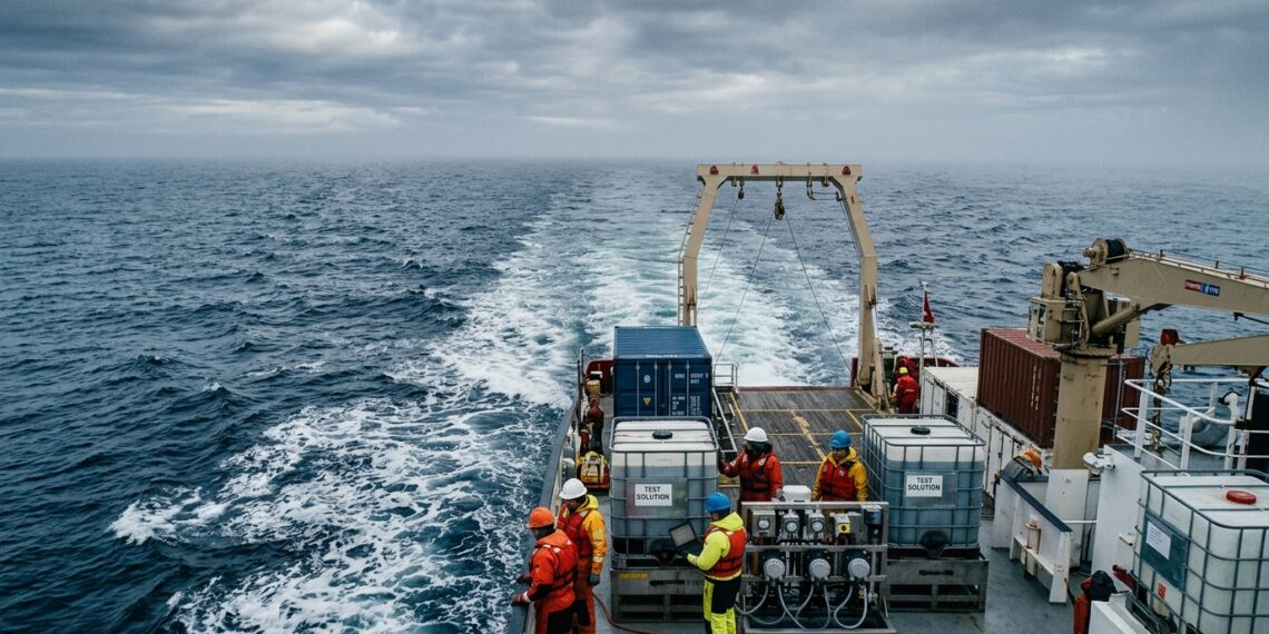Navio científico dispersando solução alcalina de forma controlada nas águas do Atlântico durante experimento de captura de CO₂.