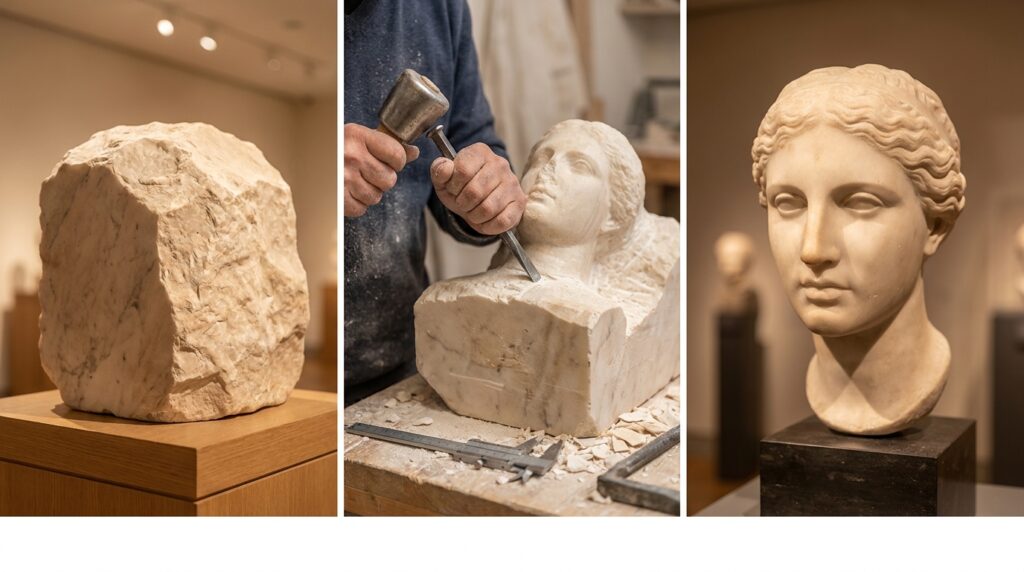 Composição em três painéis verticais mostrando a pedra de mármore bruta, o trabalho de escultura e o busto clássico finalizado