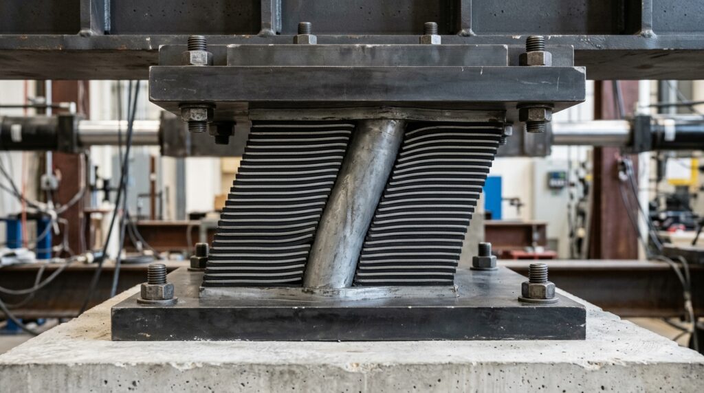 Corte técnico de um isolador sísmico mostra camadas de borracha e aço deformadas lateralmente entre duas placas estruturais.
