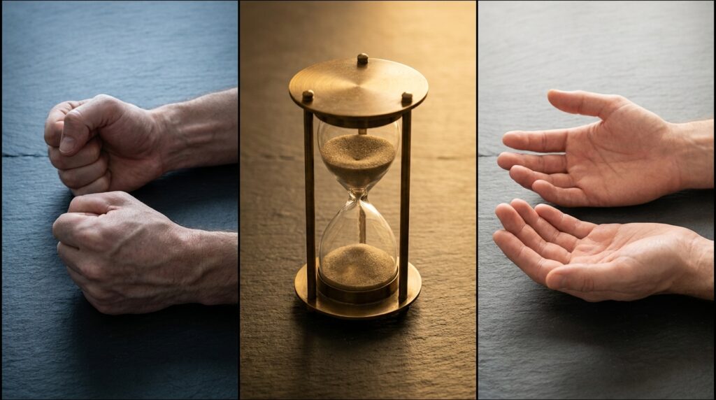 Composi&ccedil;&atilde;o em tr&ecirc;s pain&eacute;is verticais exibindo punhos cerrados, uma ampulheta em contagem de tempo e m&atilde;os abertas em repouso