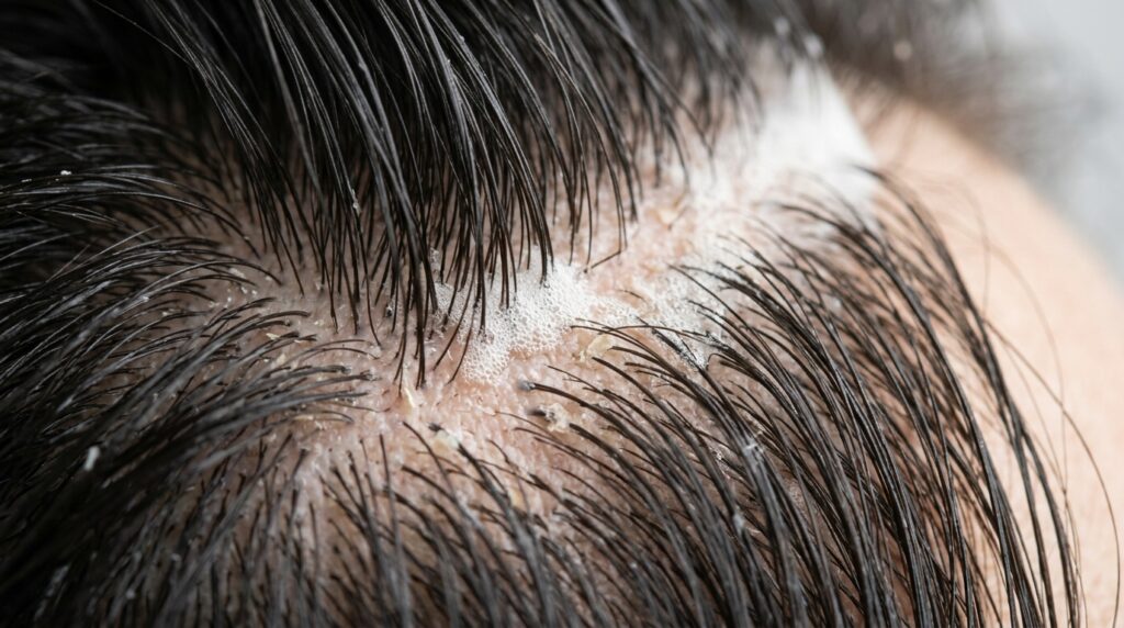 Detalhe do couro cabeludo com descamação leve e espuma de shampoo anticaspa em contato direto com a pele.
