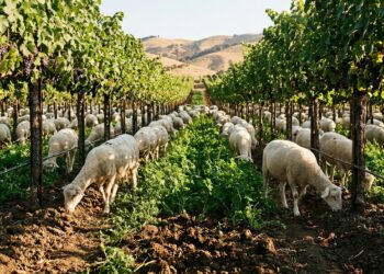 Rebanho de ovelhas pastando vegetação rasteira entre fileiras de videiras com arames elevados em vinhedo da Califórnia