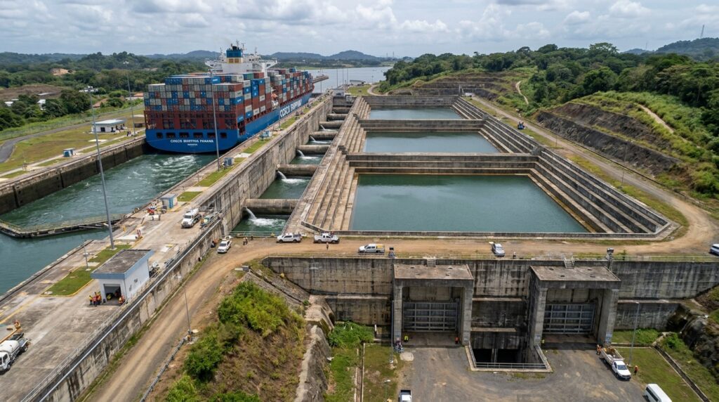 Reservatórios laterais armazenam água ao lado de uma eclusa do Canal do Panamá.