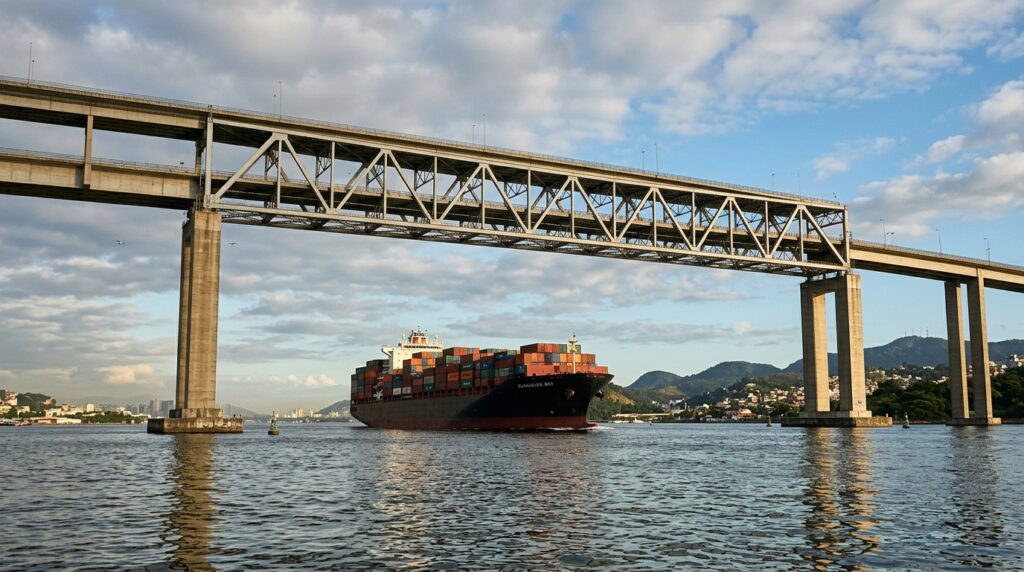 Com 13,29 km de extensão, Ponte Rio–Niterói tem vão de 300 metros sem pilares para permitir a passagem de grandes navios
