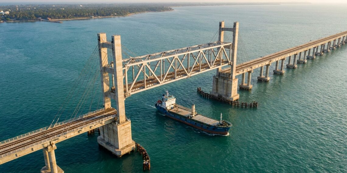 Vão ferroviário da Nova Ponte Pamban elevado entre duas torres enquanto uma embarcação passa pelo canal abaixo.