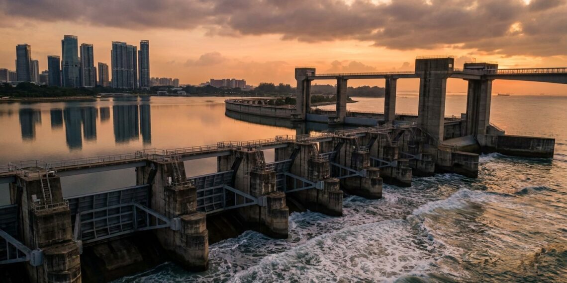Vista aérea da barreira de 350 metros e nove comportas da Marina Barrage represando o reservatório com arranha-céus de Singapura ao fundo.