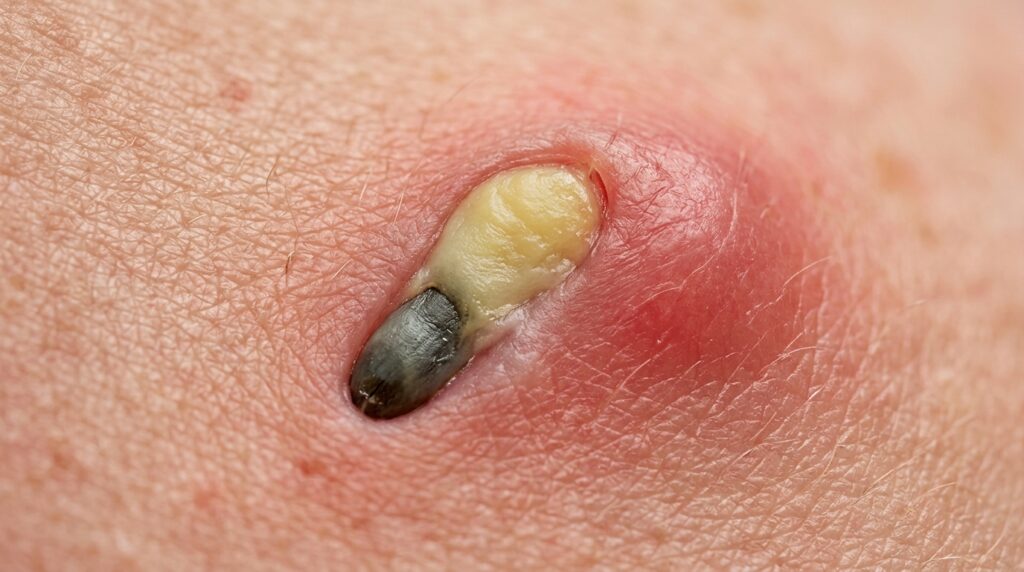 Detalhe da unidade pilossebácea representa o acúmulo de sebo e a inflamação envolvidos na formação da acne.