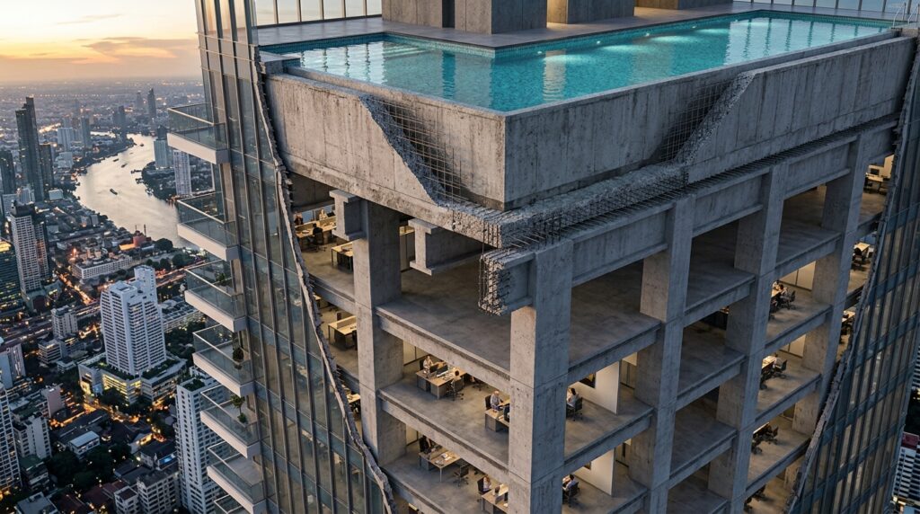 Corte estrutural mostra piscina, laje, vigas e pilares no topo de um edifício.