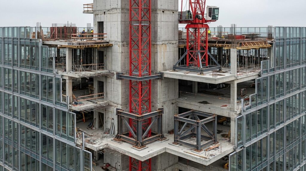 Sistema de escalada abre espaço na torre de uma grua para a instalação de um novo módulo de aço.