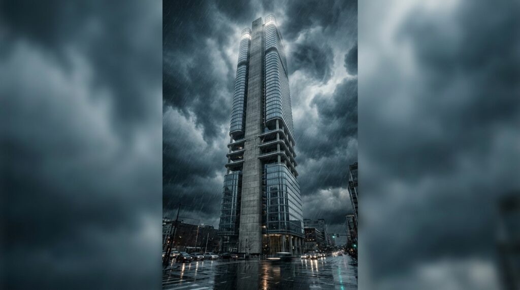 Vento e nuvens contornam a fachada e as quinas de um arranha-céu durante uma tempestade.