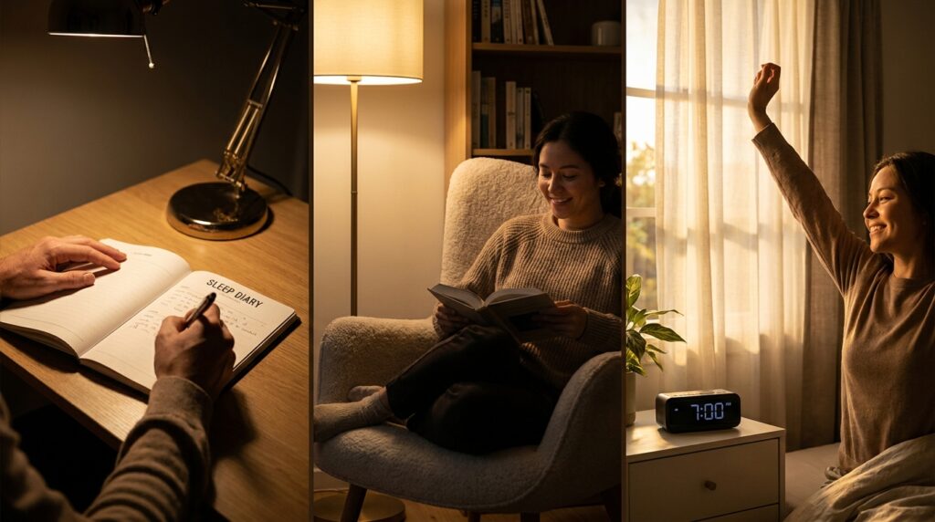 Tríptico em três etapas exibindo registro no diário de sono, controle de estímulos fora da cama e despertar com luz solar.