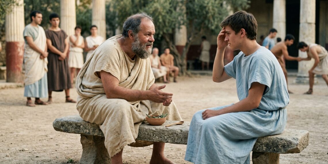 Representação de Sócrates conversando com o jovem Cármides após uma queixa de dor de cabeça na Atenas clássica.