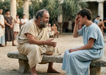 Representação de Sócrates conversando com o jovem Cármides após uma queixa de dor de cabeça na Atenas clássica.