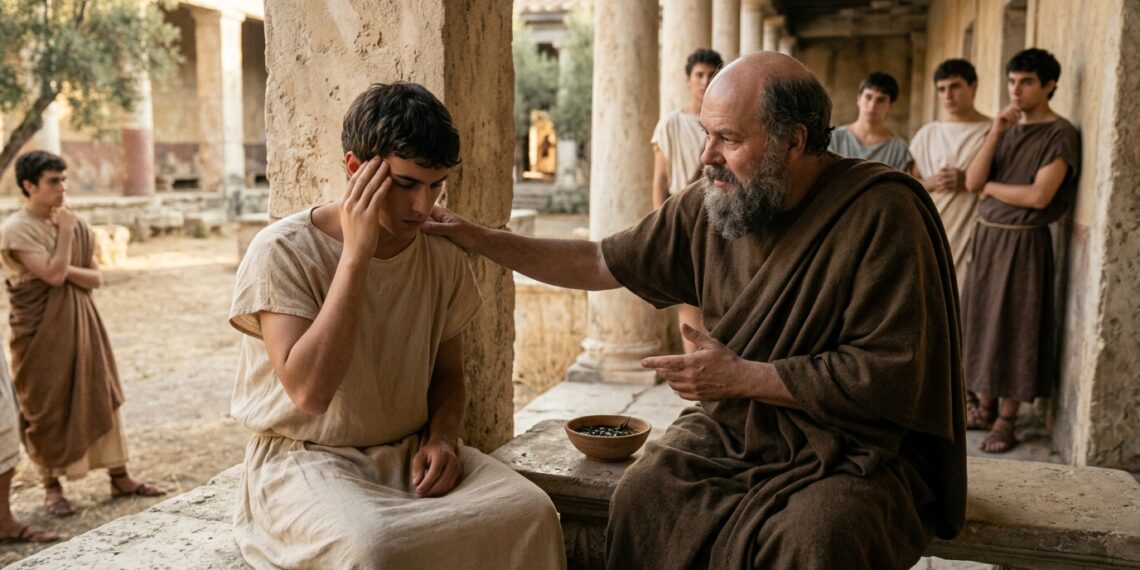 Representação de Sócrates conversando com um jovem com dor de cabeça durante a reflexão sobre corpo e alma apresentada no Cármides de Platão.