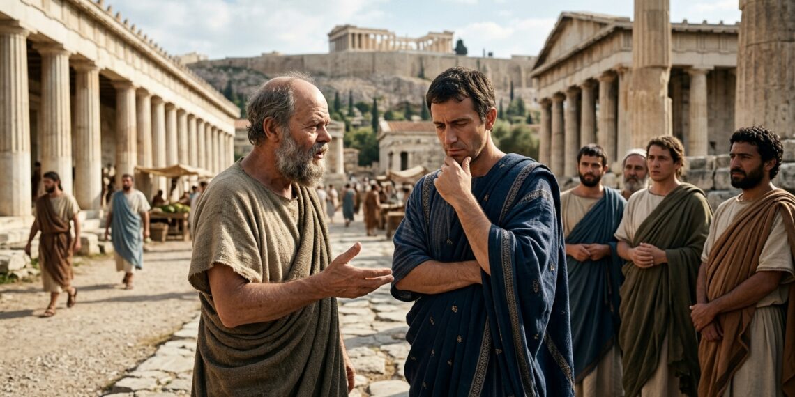 Representação de Sócrates questionando um cidadão durante um diálogo filosófico na Atenas Antiga.