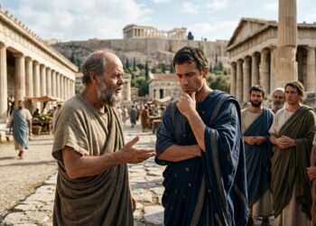 Representação de Sócrates questionando um cidadão durante um diálogo filosófico na Atenas Antiga.