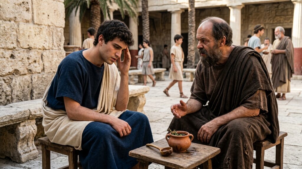 Representação de Sócrates conversando com Cármides sobre sua dor de cabeça em uma cena da Atenas antiga.