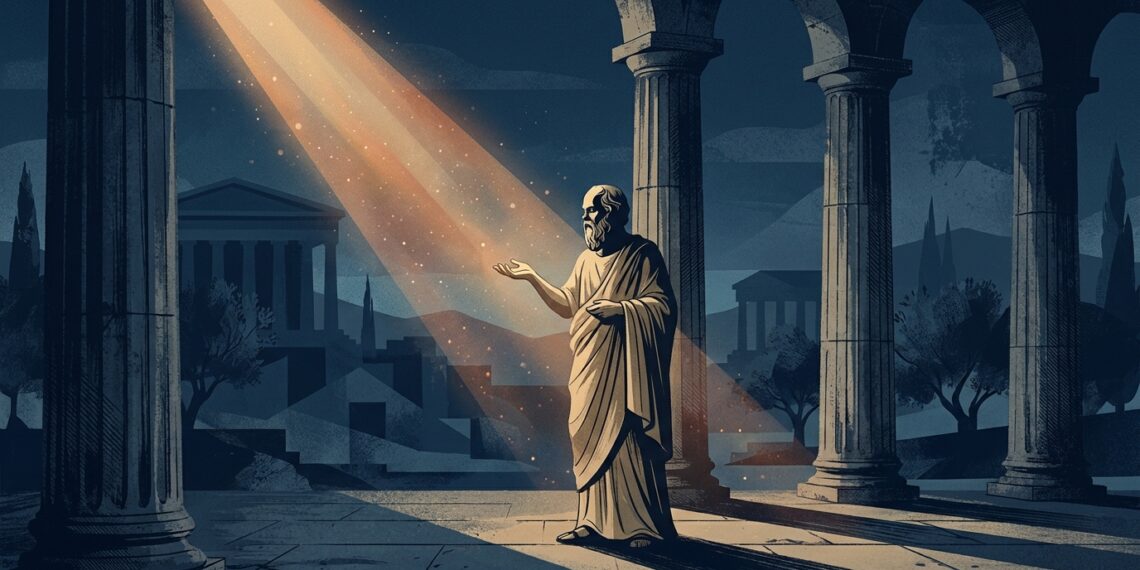 Ilustração editorial de Sócrates em trajes gregos clássicos gesticulando calmamente entre colunas de Atenas iluminadas por feixes de luz dourada.