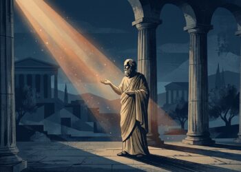 Ilustração editorial de Sócrates em trajes gregos clássicos gesticulando calmamente entre colunas de Atenas iluminadas por feixes de luz dourada.