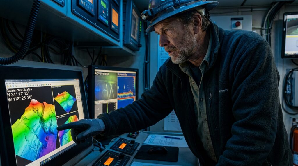 Cientista em sala de comando de navio de pesquisa analisando dados de sonar e imagens de submersível em monitores digitais