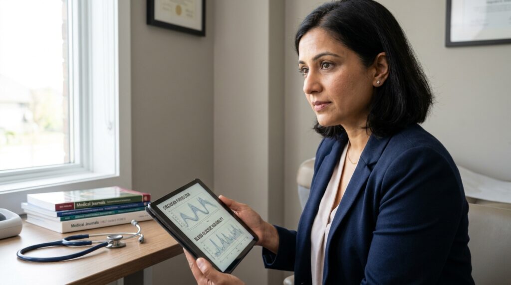 Especialista em saúde examinando gráficos de glicemia e rotina metabólica em tablet dentro de consultório clínico.