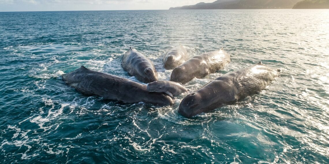 Fêmeas de cachalote agrupadas na superfície sustentando filhote recém-nascido no mar caribenho de Dominica