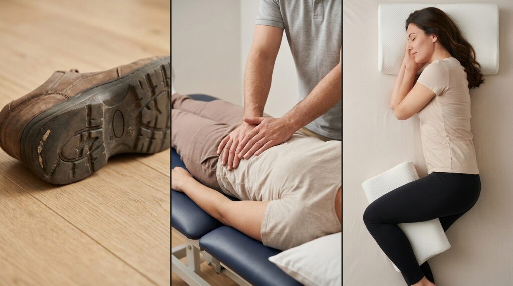 Painel em tr&ecirc;s etapas mostrando cal&ccedil;ado com sola gasta, sess&atilde;o de fisioterapia na coluna e postura correta para dormir de lado com travesseiro entre as pernas.