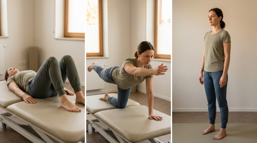 Tríptico fotográfico mostrando três etapas consecutivas de exercícios para reabilitação e alinhamento da coluna lombar em tatame