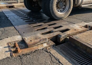 Dentes metálicos de uma junta de dilatação se entrelaçam entre dois trechos do tabuleiro de uma ponte.