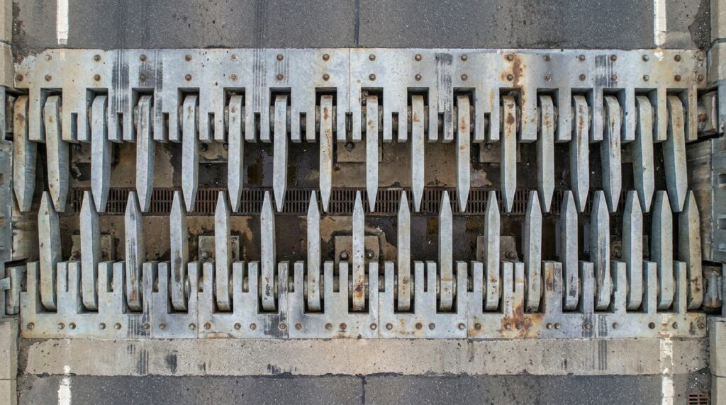 Dentes metálicos de uma junta se intercalam entre duas partes do tabuleiro de uma ponte.