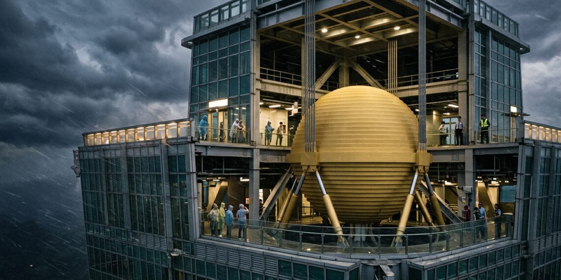 Esfera de aço de 660 toneladas aparece suspensa dentro do Taipei 101 enquanto ventos fortes atingem o arranha-céu.