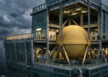 Esfera de aço de 660 toneladas aparece suspensa dentro do Taipei 101 enquanto ventos fortes atingem o arranha-céu.