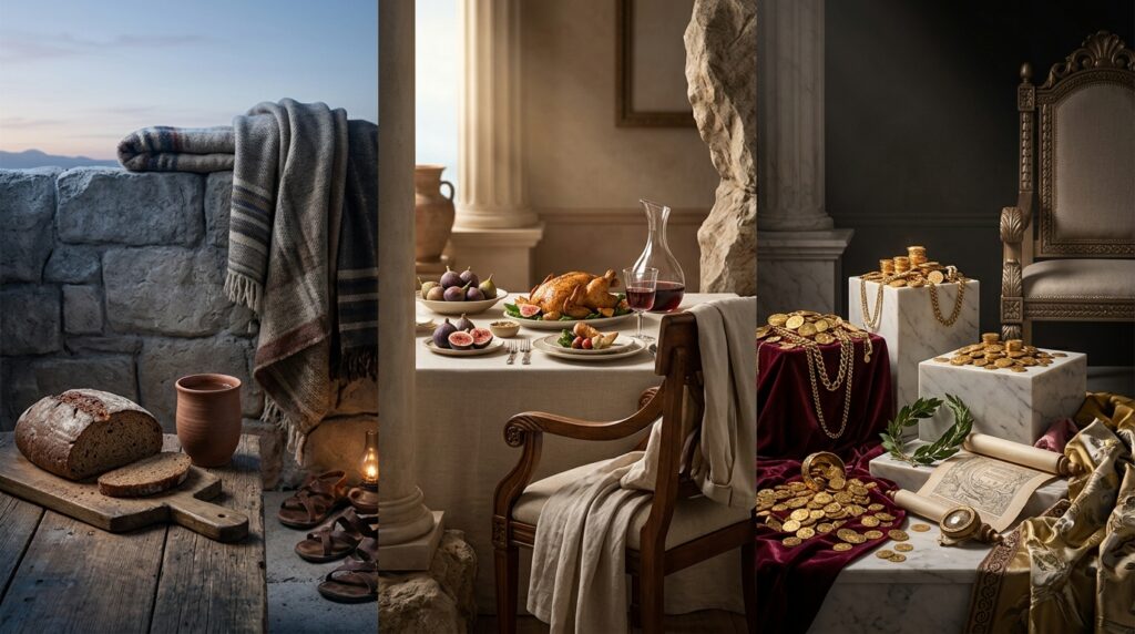 Comida simples, objetos luxuosos e riqueza acumulada representam diferentes categorias de desejos na filosofia de Epicuro.