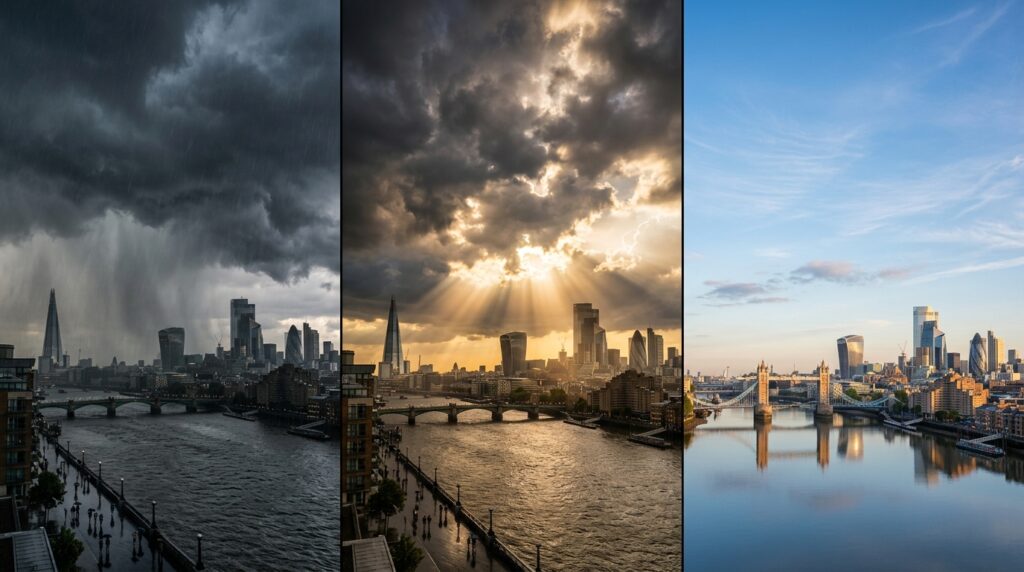 Composição em três painéis verticais mostrando nuvens de tempestade, abertura de raios de sol e céu claro ao final