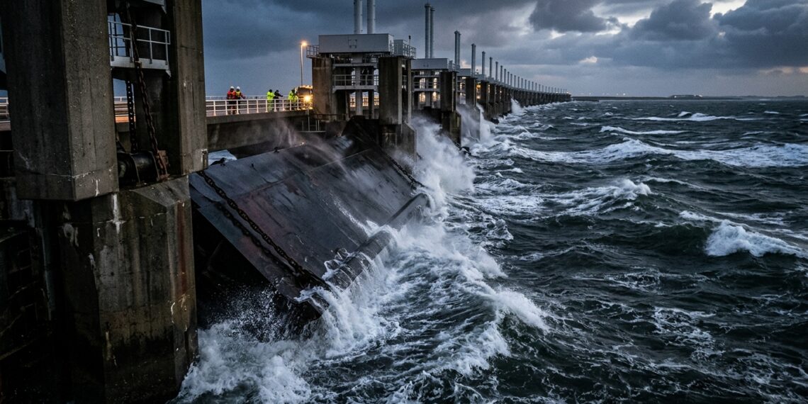 Barreira Oosterscheldekering com comportas móveis descendo entre pilares de concreto durante subida da maré no Mar do Norte