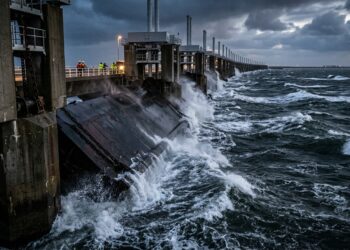 Barreira Oosterscheldekering com comportas móveis descendo entre pilares de concreto durante subida da maré no Mar do Norte