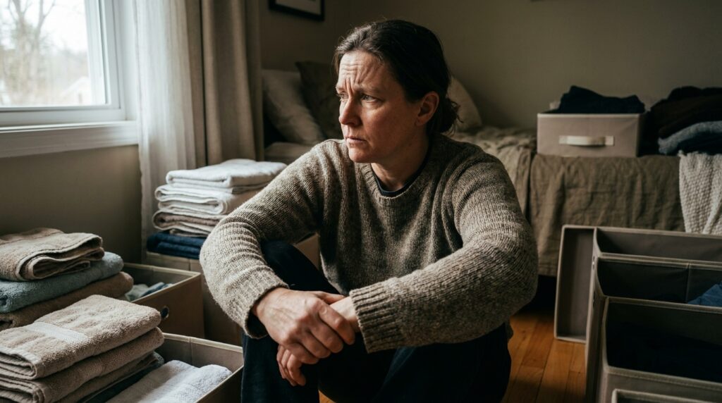 Mulher sentada ao lado de roupas dobradas, fazendo uma pausa reflexiva com expressão contemplativa na sala de casa