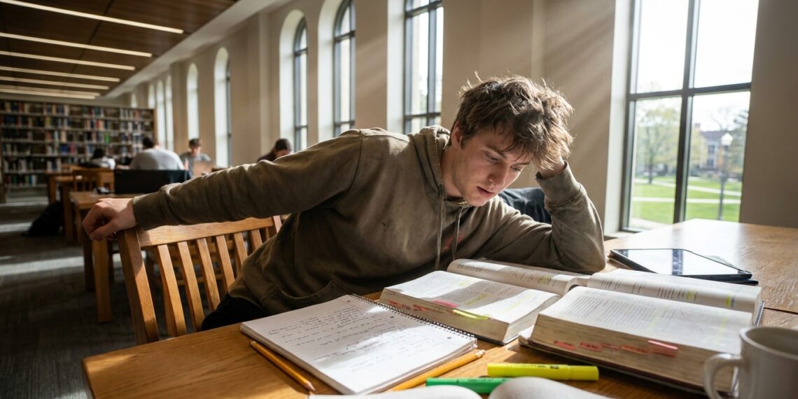 Estudante mudando de postura sobre livros e cadernos abertos em mesa de madeira iluminada pela luz da janela