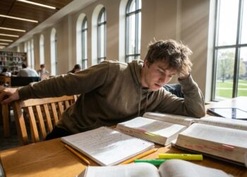 Estudante mudando de postura sobre livros e cadernos abertos em mesa de madeira iluminada pela luz da janela