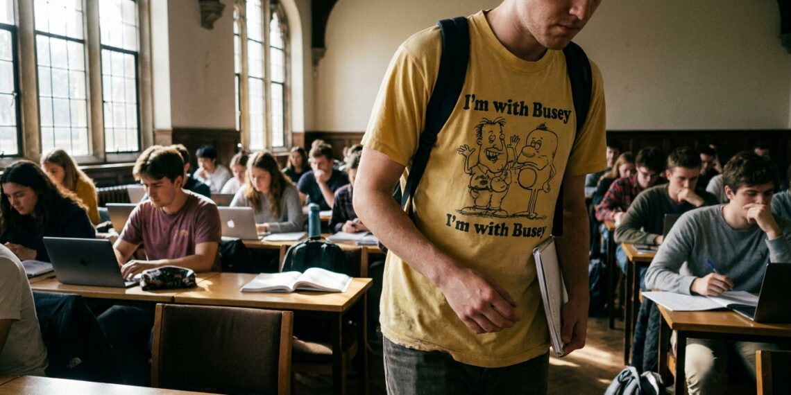 Estudante com camiseta chamativa caminhando em sala de aula enquanto outros alunos continuam concentrados em cadernos