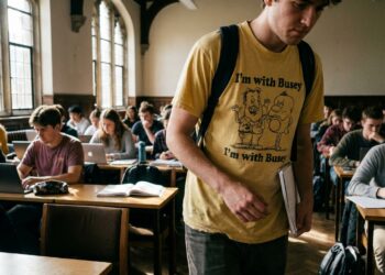 Estudante com camiseta chamativa caminhando em sala de aula enquanto outros alunos continuam concentrados em cadernos